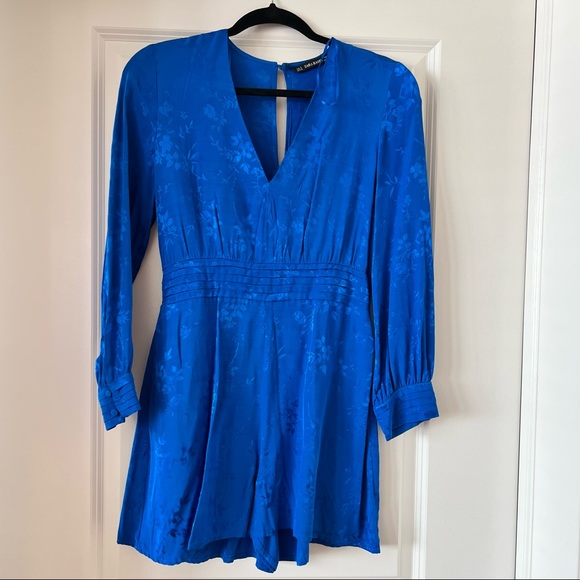 Zara Dresses & Skirts - Blue Satin Long Sleeve Romper size small